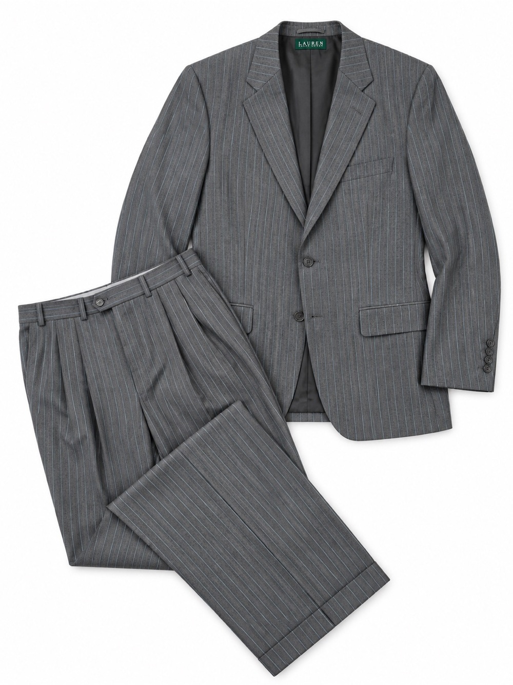 Ralph Lauren Mens 2 Pc Gray Pinstripe Wool Suit 42R 38W Pleated Cuffed Trousers